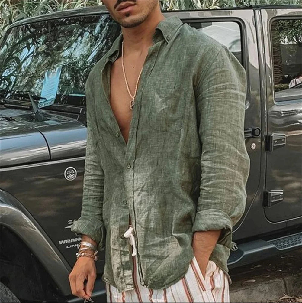Men Casual Cotton Linen Shirt Standing Collar
