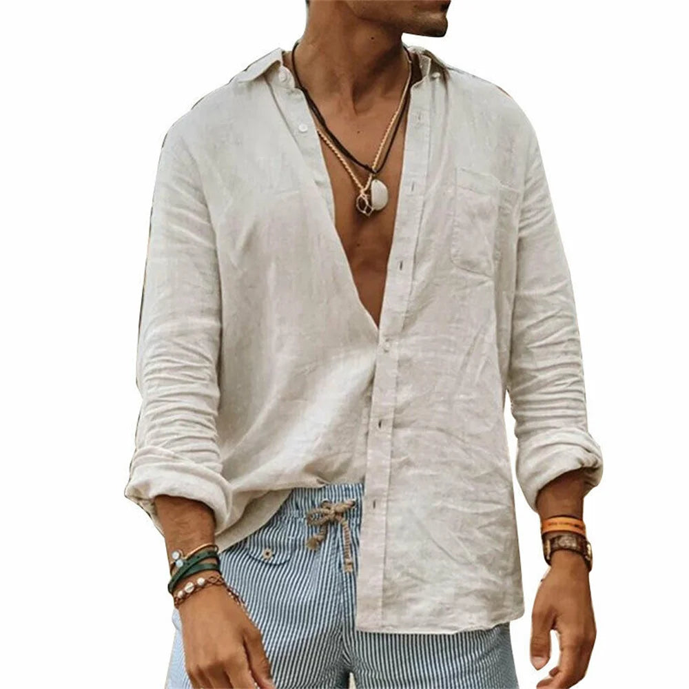 Men Casual Cotton Linen Shirt Standing Collar