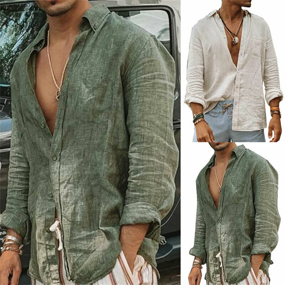 Men Casual Cotton Linen Shirt Standing Collar