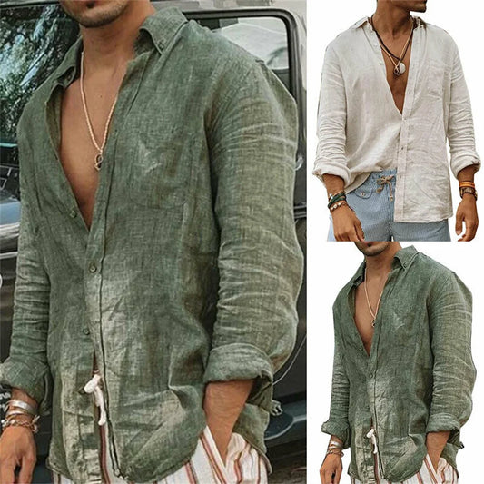 Men Casual Cotton Linen Shirt Standing Collar