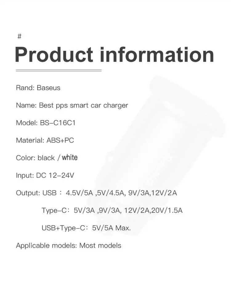 Fast Car Type C Charger For iPhone and Android Mobile Phone