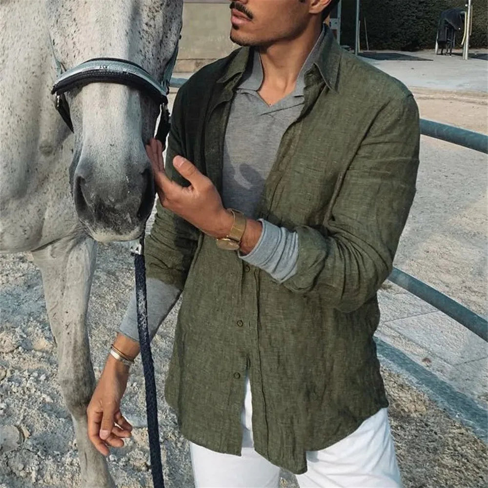Men Casual Cotton Linen Shirt Standing Collar