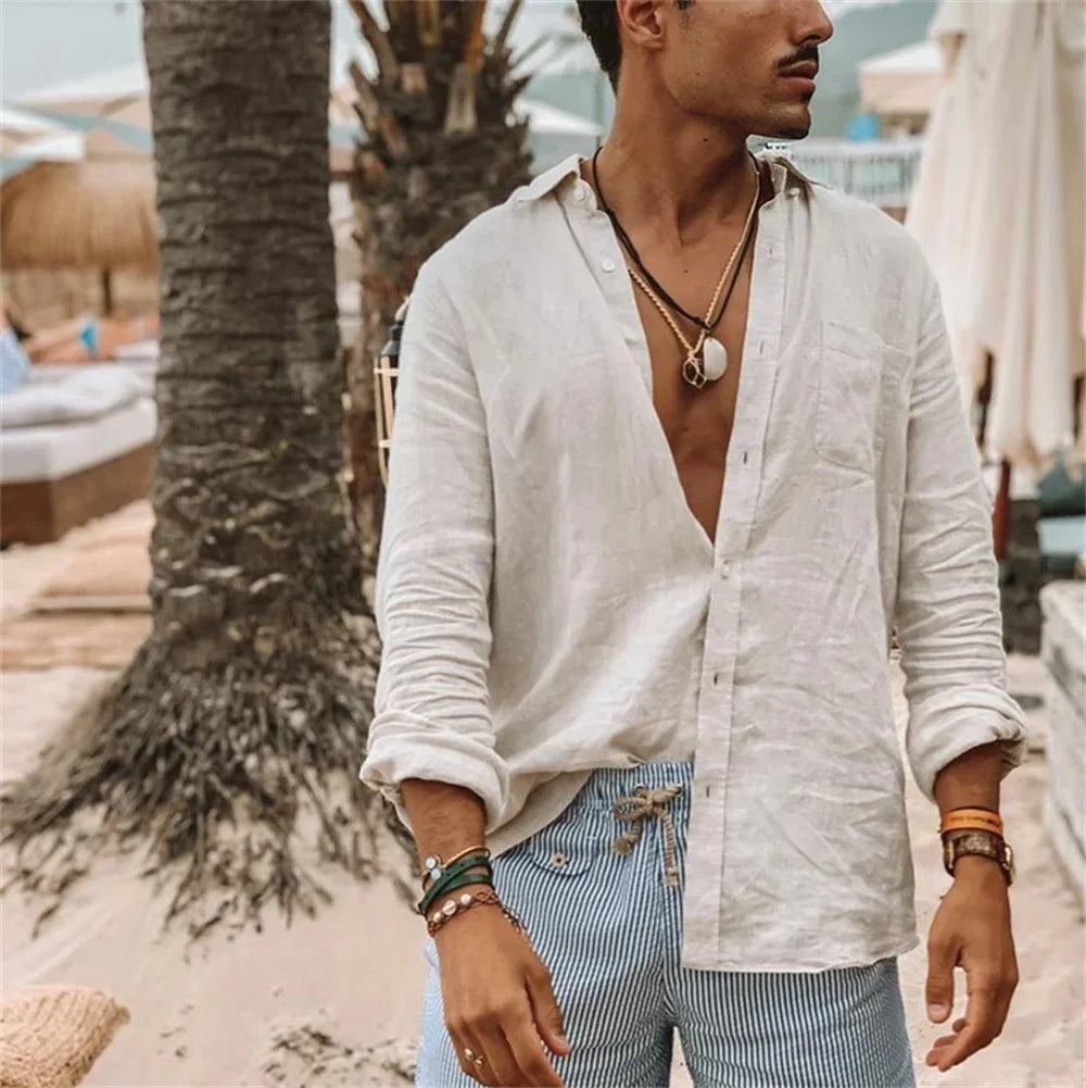 Men Casual Cotton Linen Shirt Standing Collar