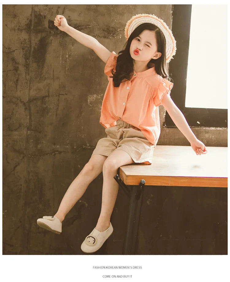 Girls’ Summer Outfit – Flying Sleeve Blouse & Loose Shorts Set, Casual Leisure Wear for Teens Ages 7-14