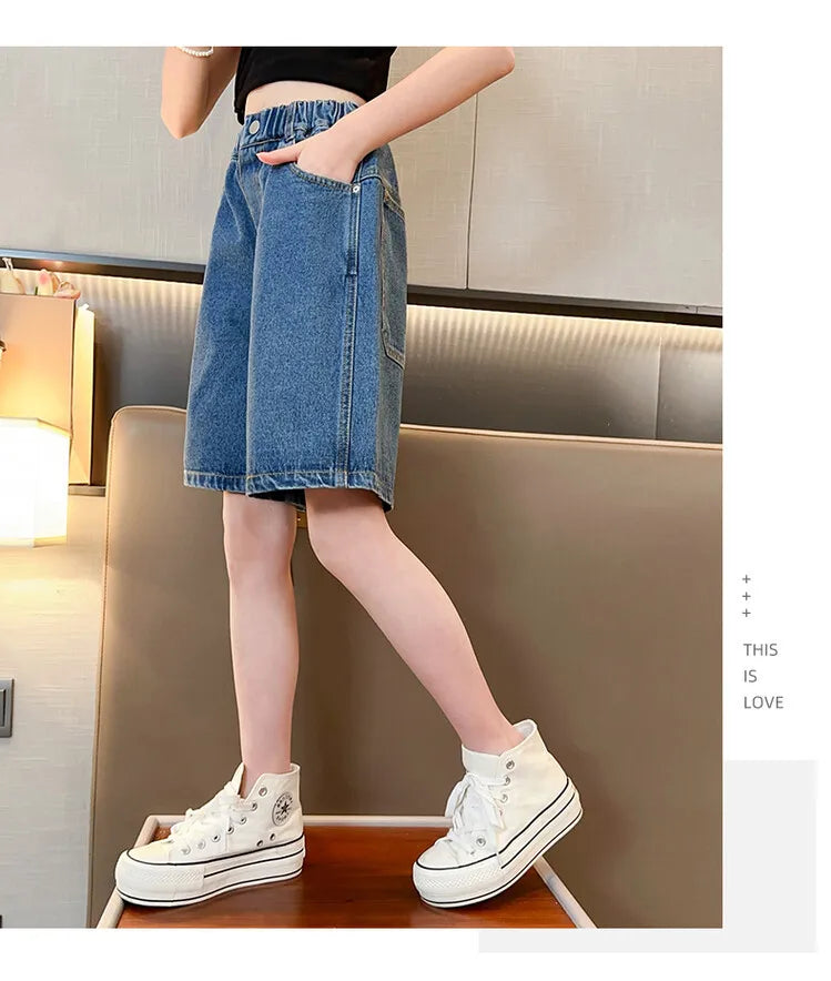 Girls’ Denim Shorts – Summer Casual Solid Jeans Shorts for Kids & Teens