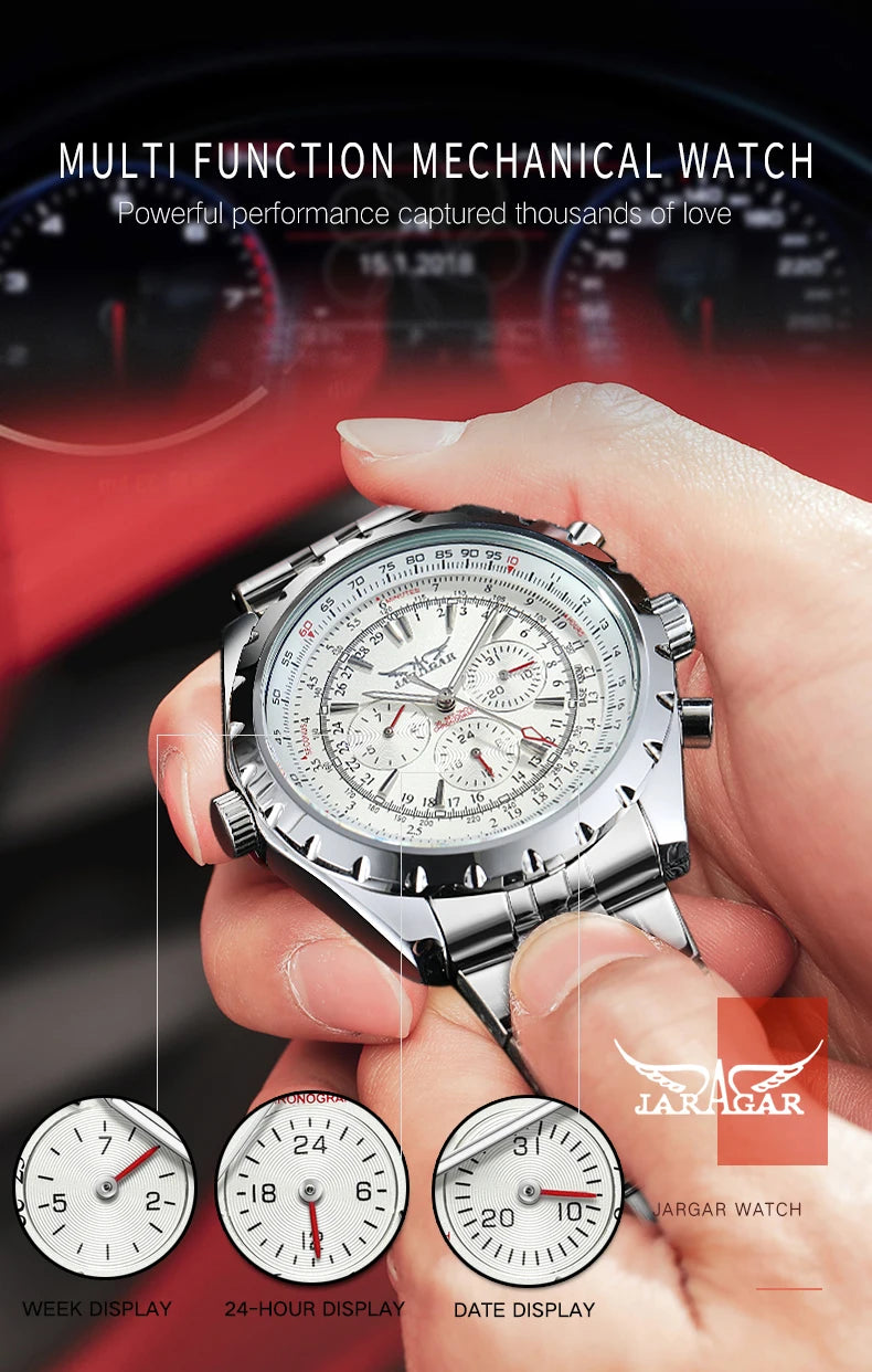 Original JARAGAR Sports Mens Watches Top Brand Luxury Automatic Mechanical Watch for Men Silver Stainless Steel Strap Military Wristwatch
