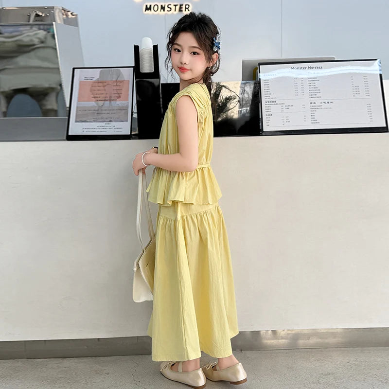 Girls’ Summer Clothing Set – Sleeveless Top & Skirt Suit with Drawstring (Ages 5–14)