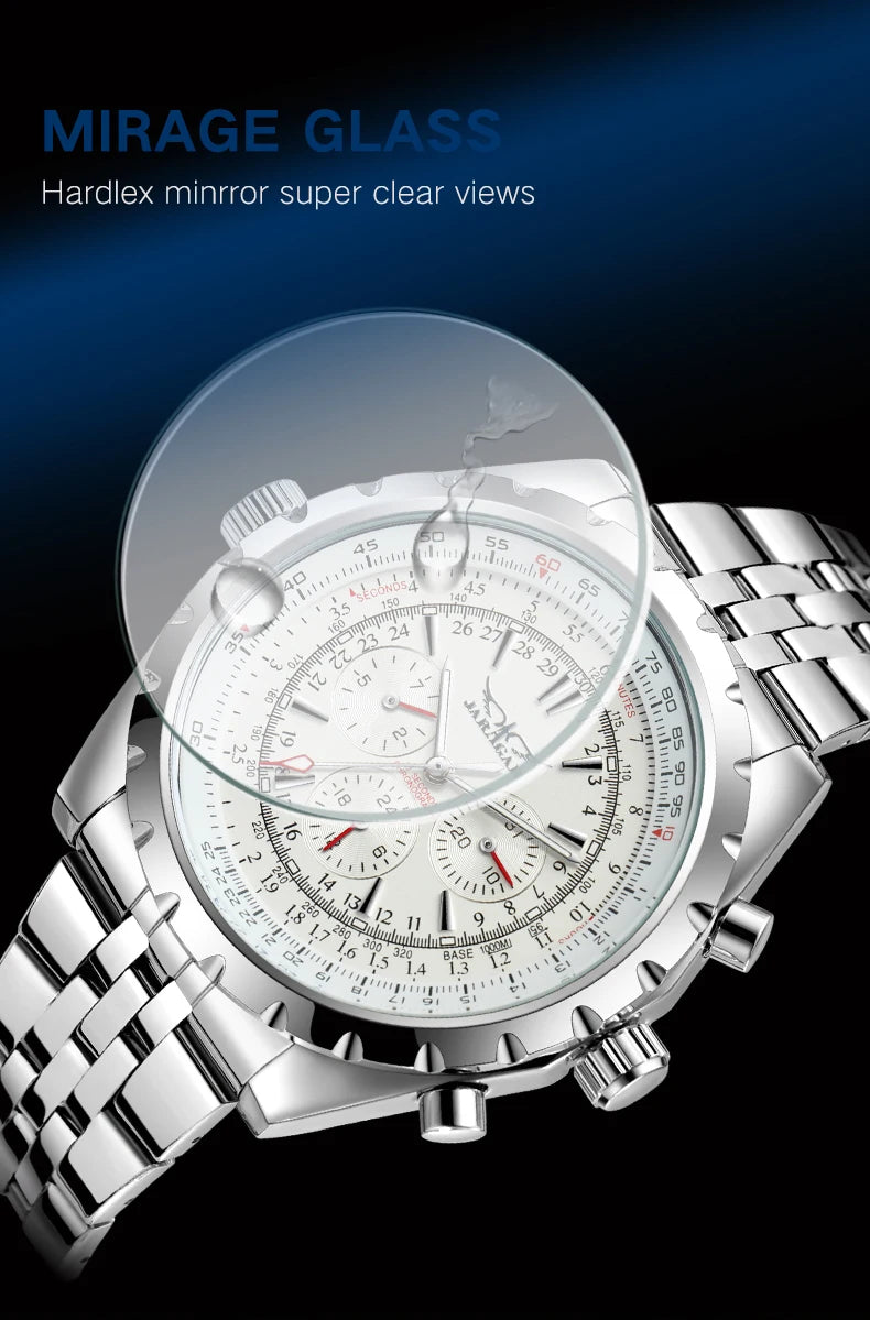 Original JARAGAR Sports Mens Watches Top Brand Luxury Automatic Mechanical Watch for Men Silver Stainless Steel Strap Military Wristwatch