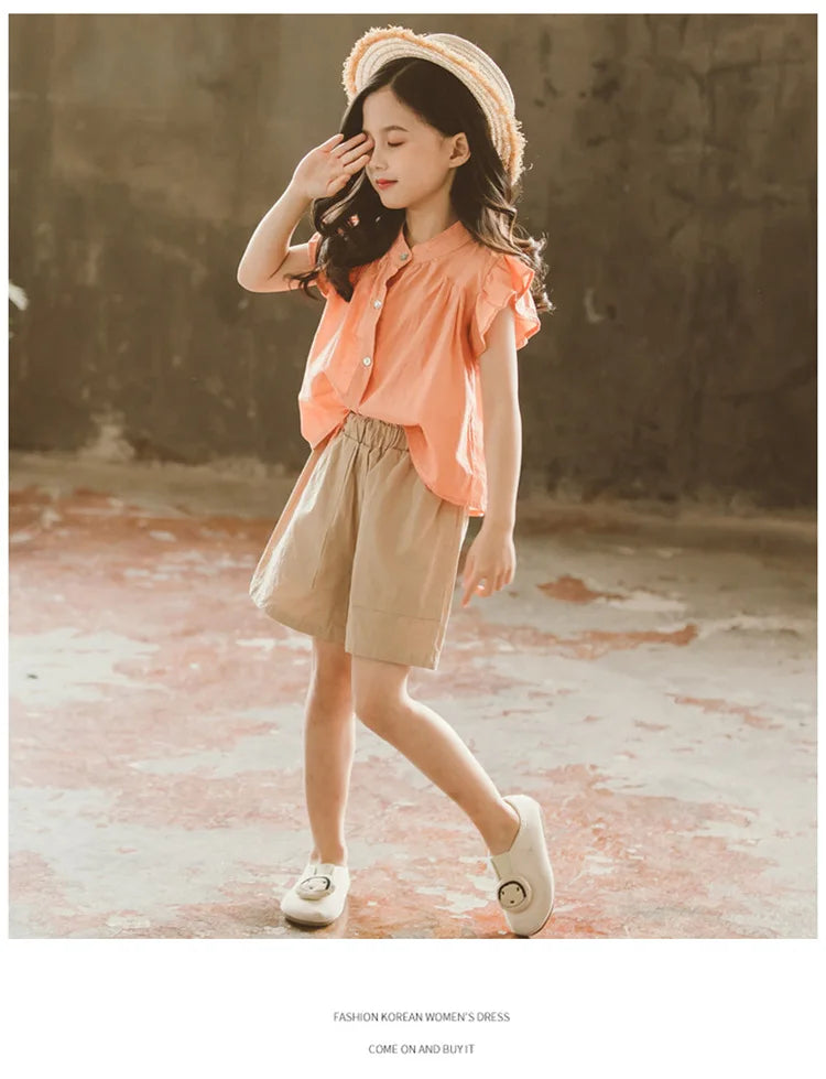Girls’ Summer Outfit – Flying Sleeve Blouse & Loose Shorts Set, Casual Leisure Wear for Teens Ages 7-14