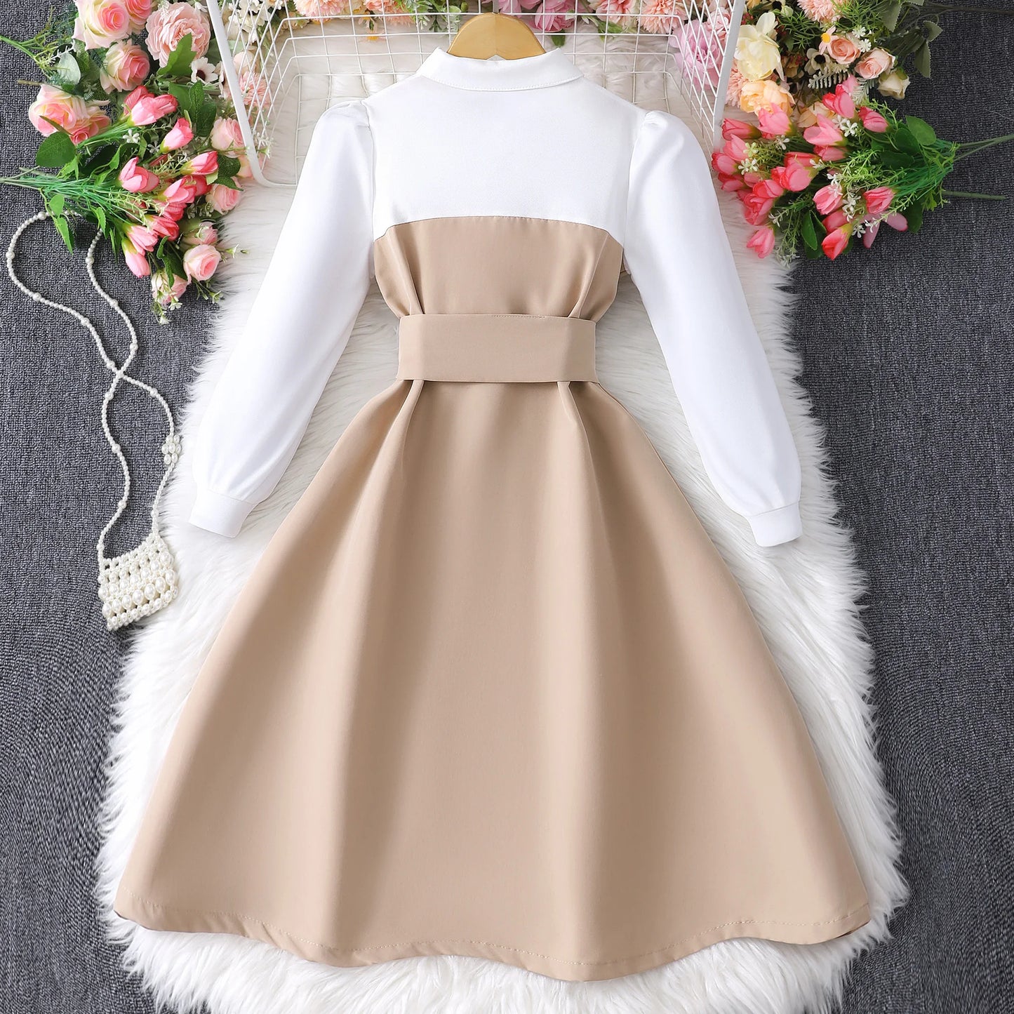 Teen Girls Dress – Long Sleeve Retro Casual Vacation Outfit for Kids (8–12Y)