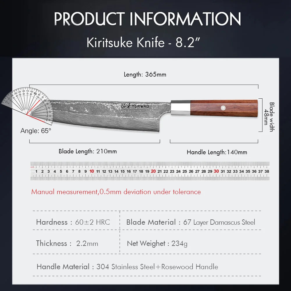 TURWHO 8.2-inch Japanese Handmade Kiritsuke Knife Damascus Steel Professional Chef Knives Kitchen Cleaver Bunka Cooking Tools