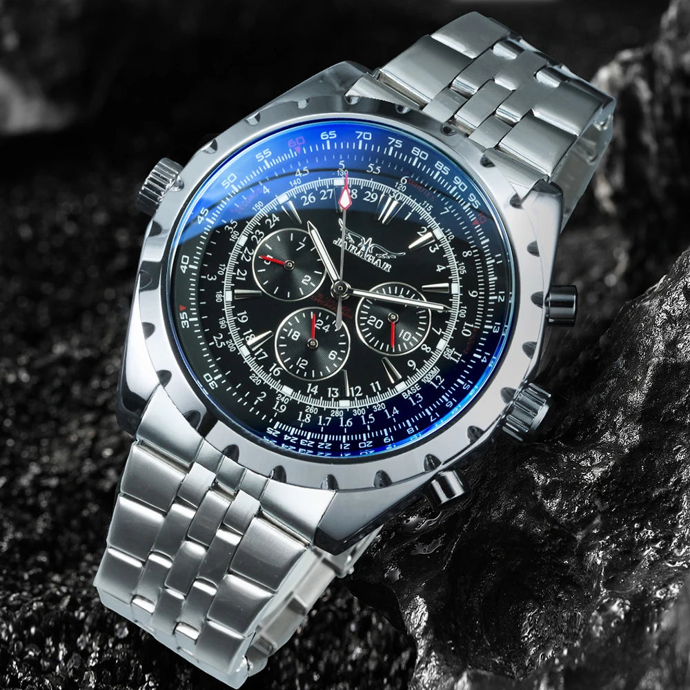 Original JARAGAR Sports Mens Watches Top Brand Luxury Automatic Mechanical Watch for Men Silver Stainless Steel Strap Military Wristwatch