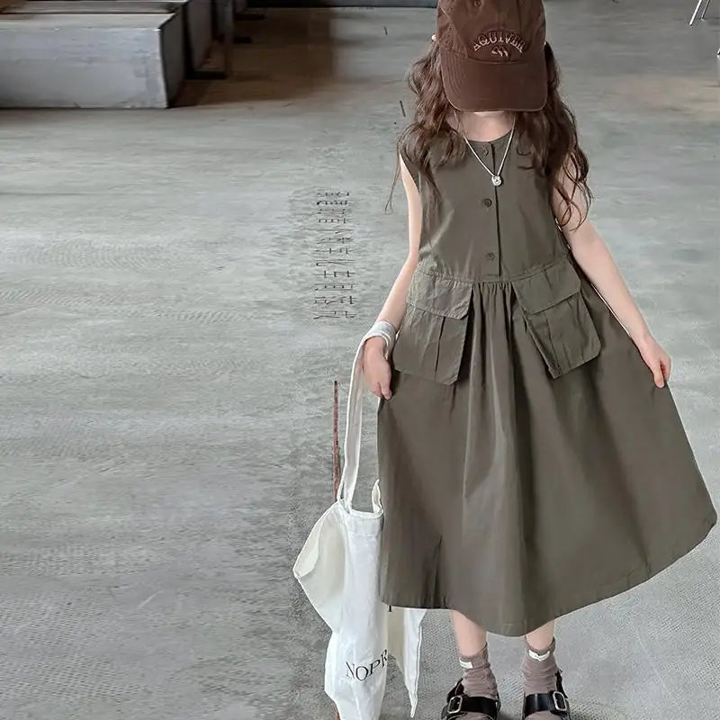 Kids Summer Sleeveless Cotton Dress for Girls (5–14 Years) – Long Casual Outfit for Children & Teens