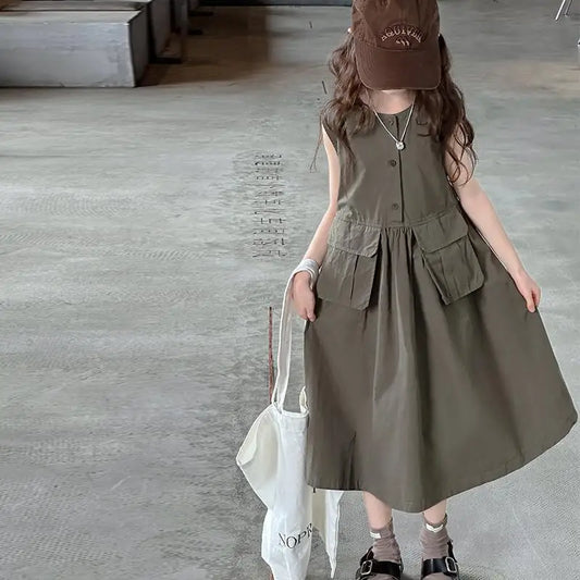 Kids Summer Sleeveless Cotton Dress for Girls (5–14 Years) – Long Casual Outfit for Children & Teens
