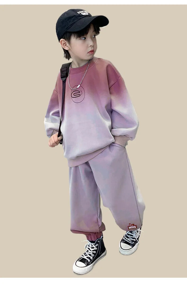 Spring Teen Boys 2-Piece Tracksuit – Gray Tie-Dye Hoodie & Jogger Pants, Sporty Cotton Outfit