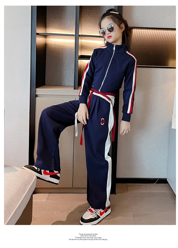 Girls’ Clothing Set – 2-Piece Casual Sportswear, Striped Short Top & Wide-Leg Pants, Elastic Waist, Ages 4–15