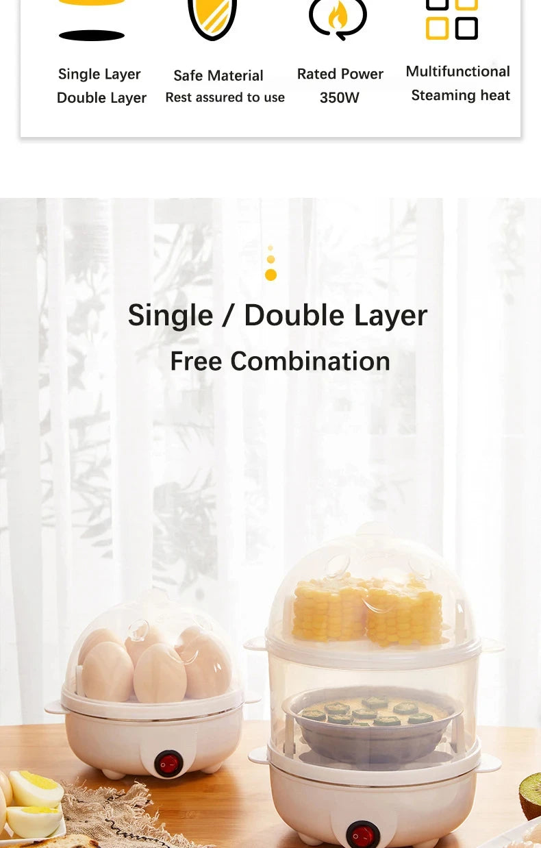 Multifunction Electric Egg Cooker – Double-Layer Egg Boiler for Eggs, Corn & Milk | Rapid Breakfast Cooking Steamer for Kitchen Appliances