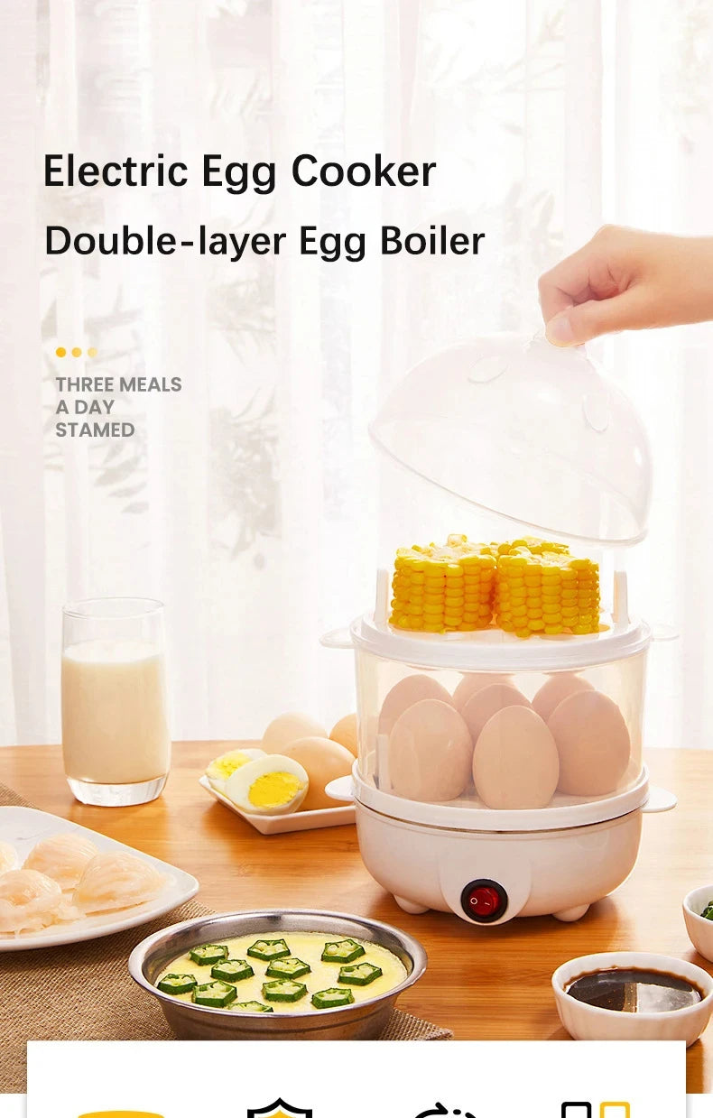 Multifunction Electric Egg Cooker – Double-Layer Egg Boiler for Eggs, Corn & Milk | Rapid Breakfast Cooking Steamer for Kitchen Appliances