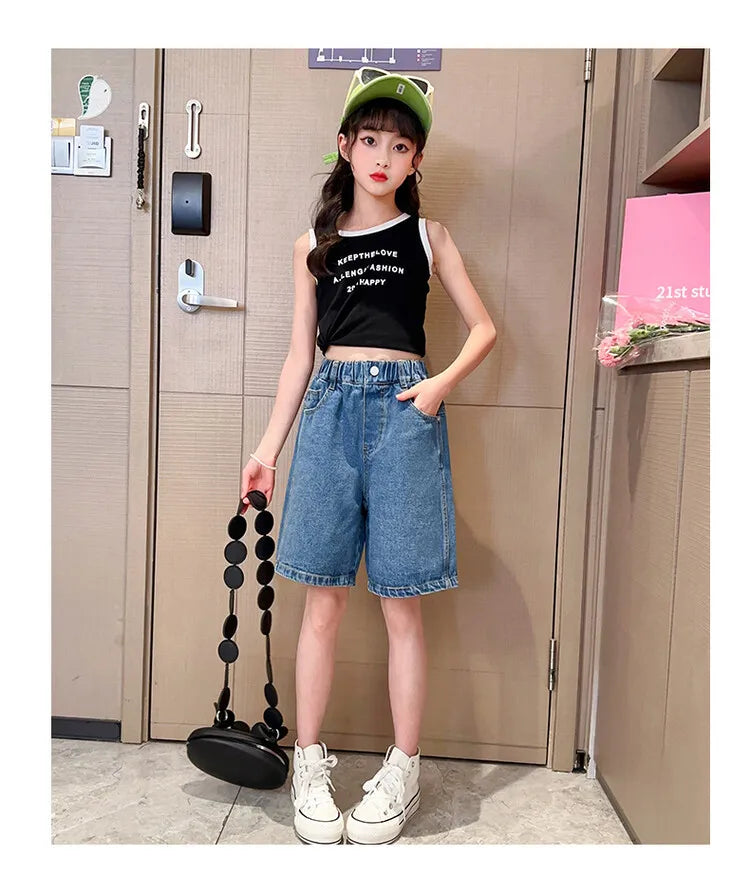 Girls’ Denim Shorts – Summer Casual Solid Jeans Shorts for Kids & Teens