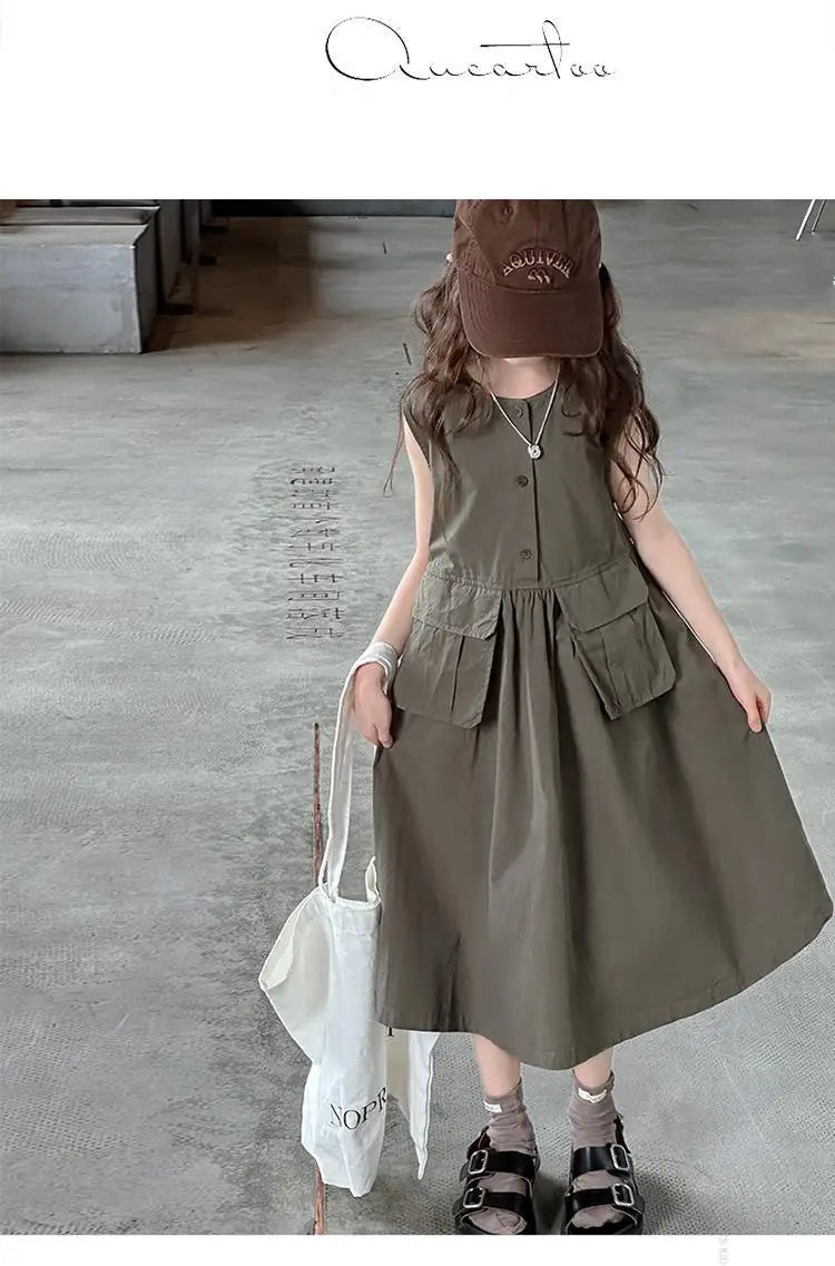 Kids Summer Sleeveless Cotton Dress for Girls (5–14 Years) – Long Casual Outfit for Children & Teens