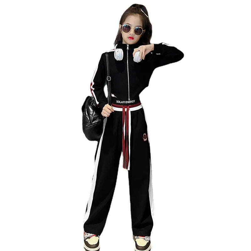 Girls’ Clothing Set – 2-Piece Casual Sportswear, Striped Short Top & Wide-Leg Pants, Elastic Waist, Ages 4–15