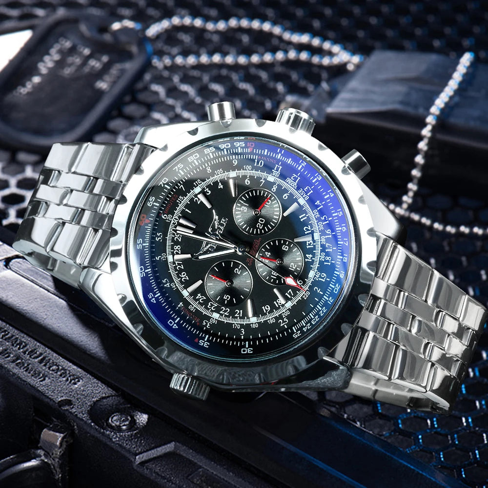 Original JARAGAR Sports Mens Watches Top Brand Luxury Automatic Mechanical Watch for Men Silver Stainless Steel Strap Military Wristwatch