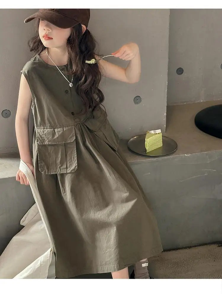 Kids Summer Sleeveless Cotton Dress for Girls (5–14 Years) – Long Casual Outfit for Children & Teens