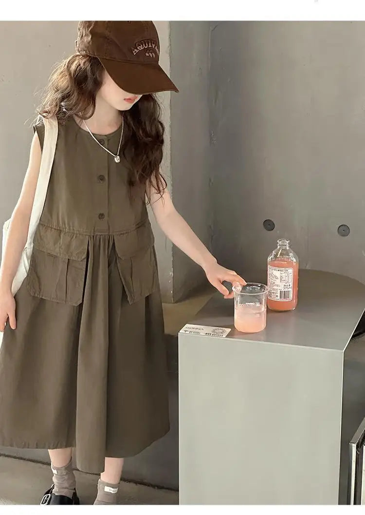 Kids Summer Sleeveless Cotton Dress for Girls (5–14 Years) – Long Casual Outfit for Children & Teens