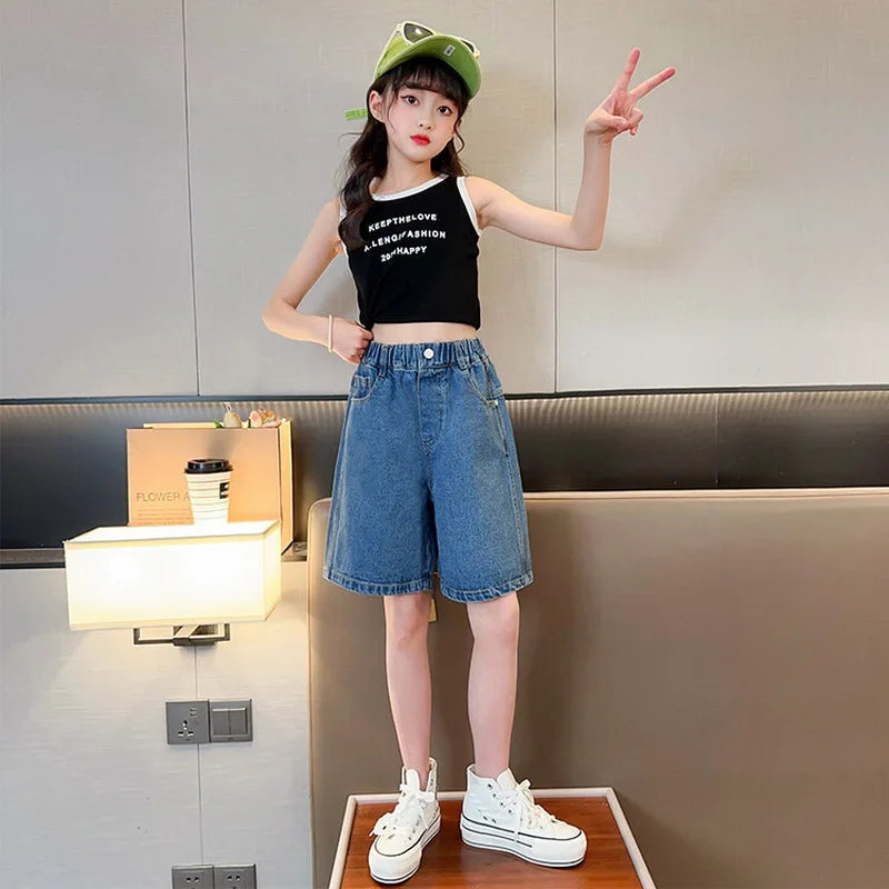 Girls’ Denim Shorts – Summer Casual Solid Jeans Shorts for Kids & Teens