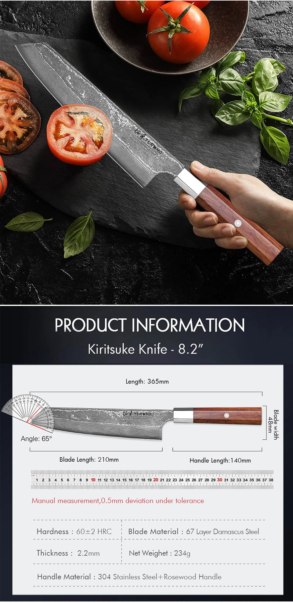 TURWHO 8.2-inch Japanese Handmade Kiritsuke Knife Damascus Steel Professional Chef Knives Kitchen Cleaver Bunka Cooking Tools