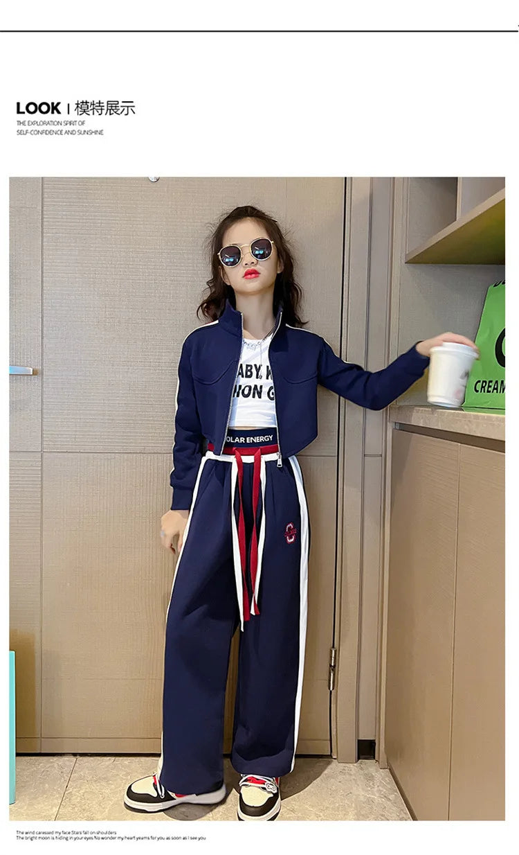 Girls’ Clothing Set – 2-Piece Casual Sportswear, Striped Short Top & Wide-Leg Pants, Elastic Waist, Ages 4–15