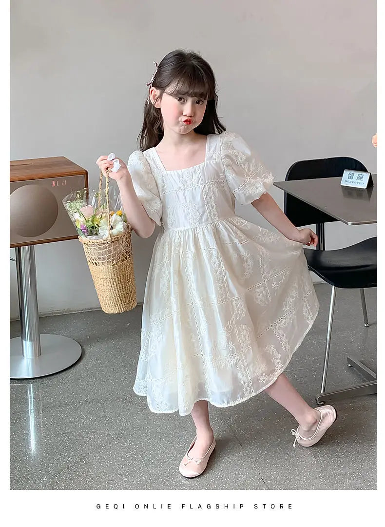 Kids’ White Party Dress – Lace Puff Sleeve Dress for Girls, Wedding & Carnival, Ages 4–10