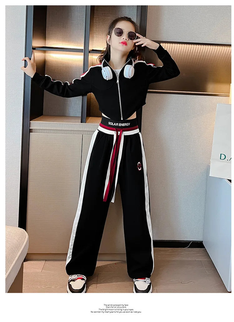 Girls’ Clothing Set – 2-Piece Casual Sportswear, Striped Short Top & Wide-Leg Pants, Elastic Waist, Ages 4–15