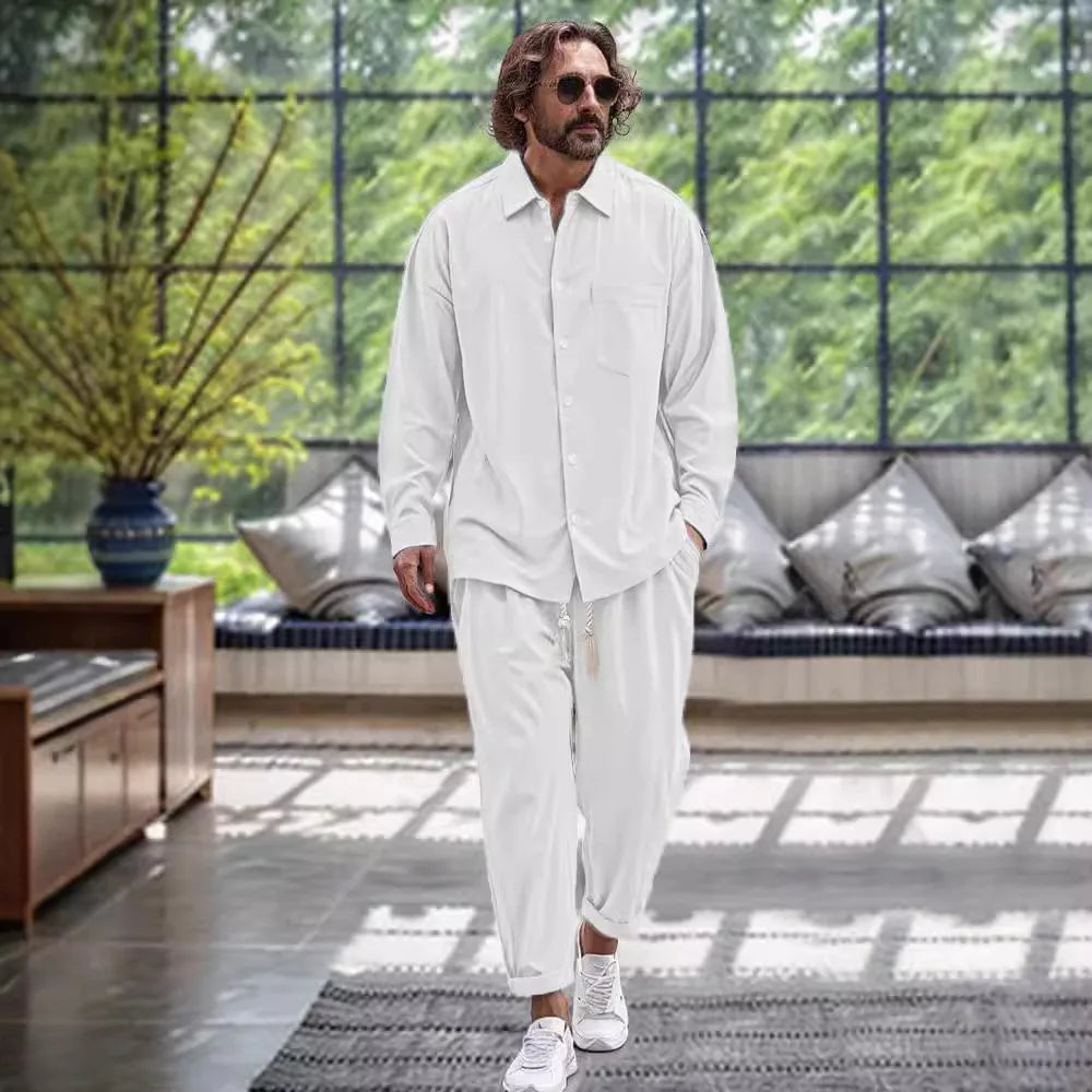 Linen shirt casual loose solid color Shirt and Pants