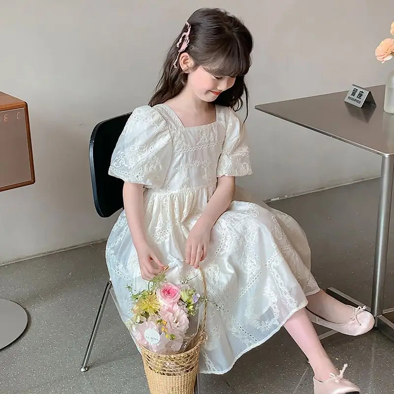 Kids’ White Party Dress – Lace Puff Sleeve Dress for Girls, Wedding & Carnival, Ages 4–10