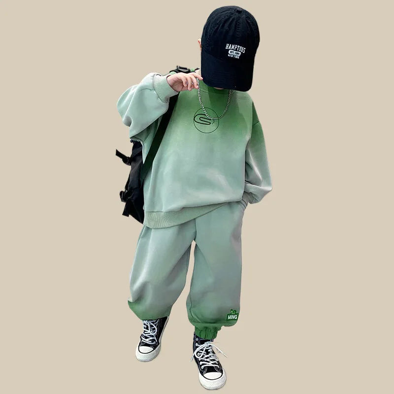 Spring Teen Boys 2-Piece Tracksuit – Gray Tie-Dye Hoodie & Jogger Pants, Sporty Cotton Outfit