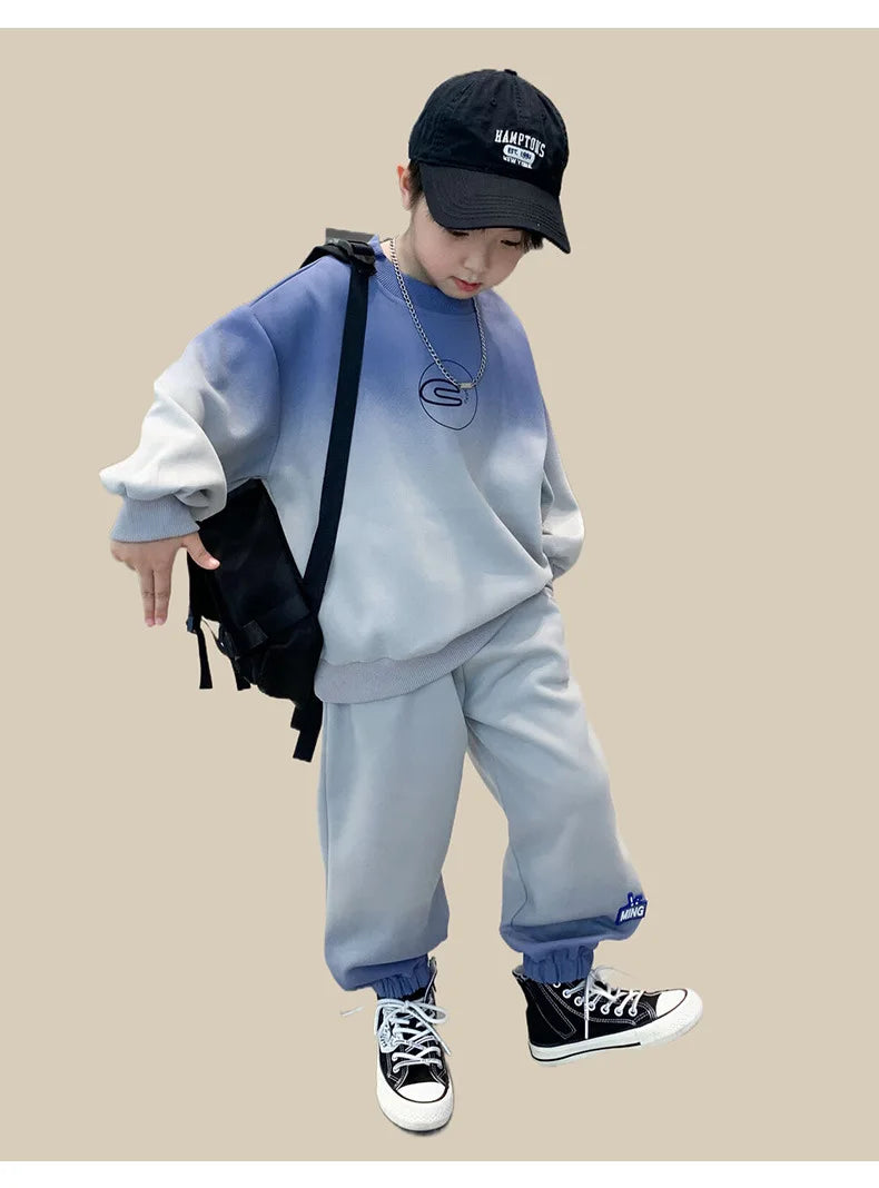 Spring Teen Boys 2-Piece Tracksuit – Gray Tie-Dye Hoodie & Jogger Pants, Sporty Cotton Outfit