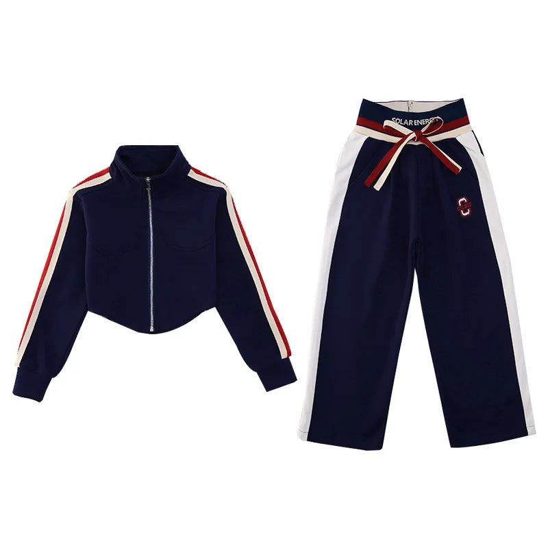 Girls’ Clothing Set – 2-Piece Casual Sportswear, Striped Short Top & Wide-Leg Pants, Elastic Waist, Ages 4–15