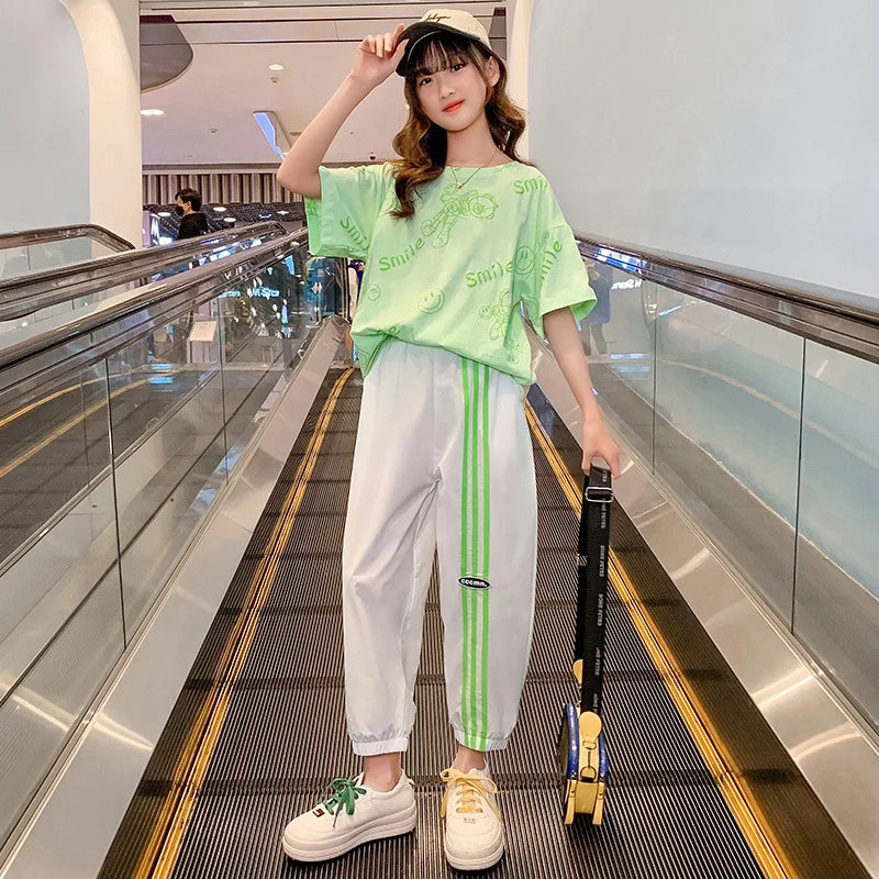 Teen Girls’ Sports Set – Letter Print Short T-Shirt & Striped Pants, Kids’ Tracksuit for Ages 5-14