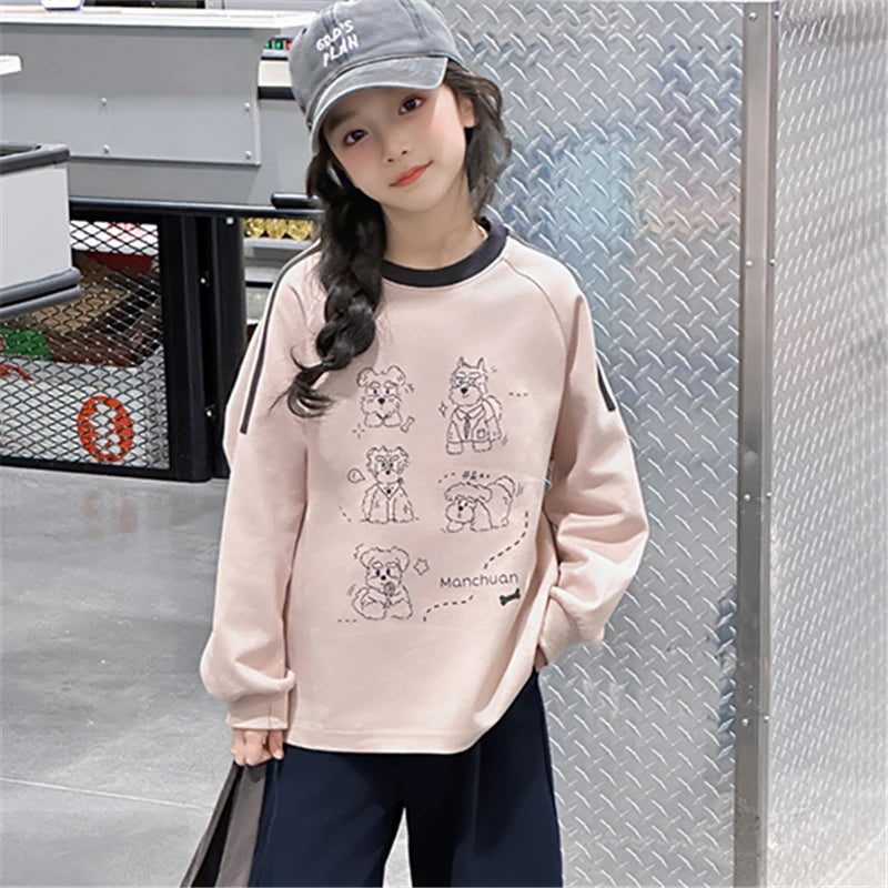 Long-sleeved Loose  Cartoon Print Tops  Age 5-14T