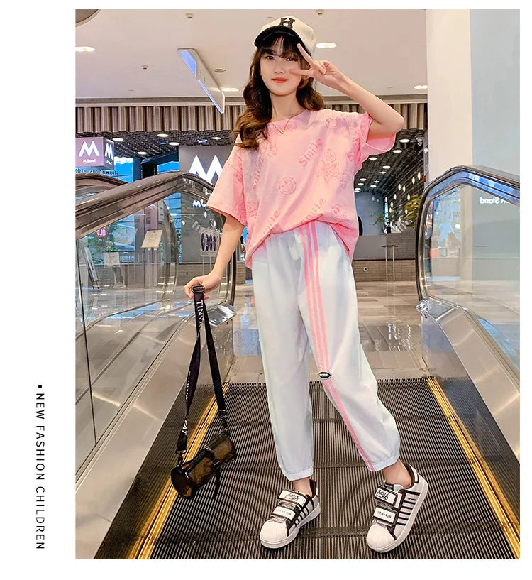 Teen Girls’ Sports Set – Letter Print Short T-Shirt & Striped Pants, Kids’ Tracksuit for Ages 5-14