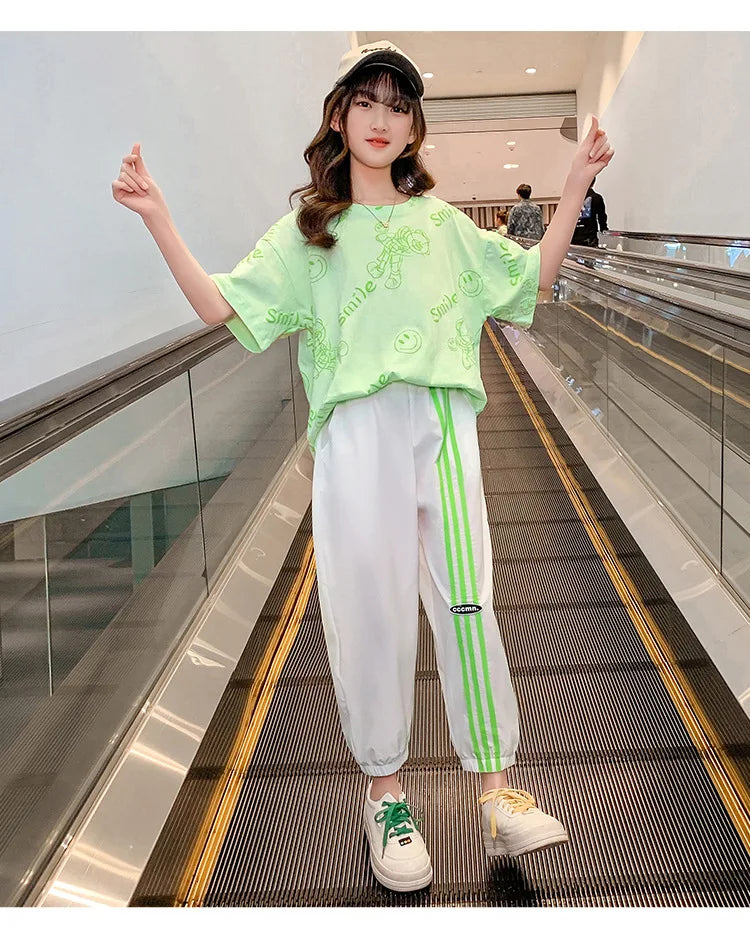 Teen Girls’ Sports Set – Letter Print Short T-Shirt & Striped Pants, Kids’ Tracksuit for Ages 5-14