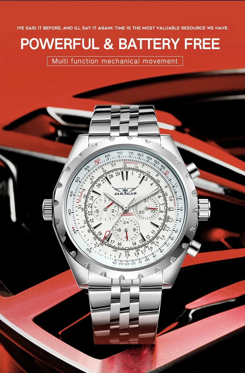 Original JARAGAR Sports Mens Watches Top Brand Luxury Automatic Mechanical Watch for Men Silver Stainless Steel Strap Military Wristwatch