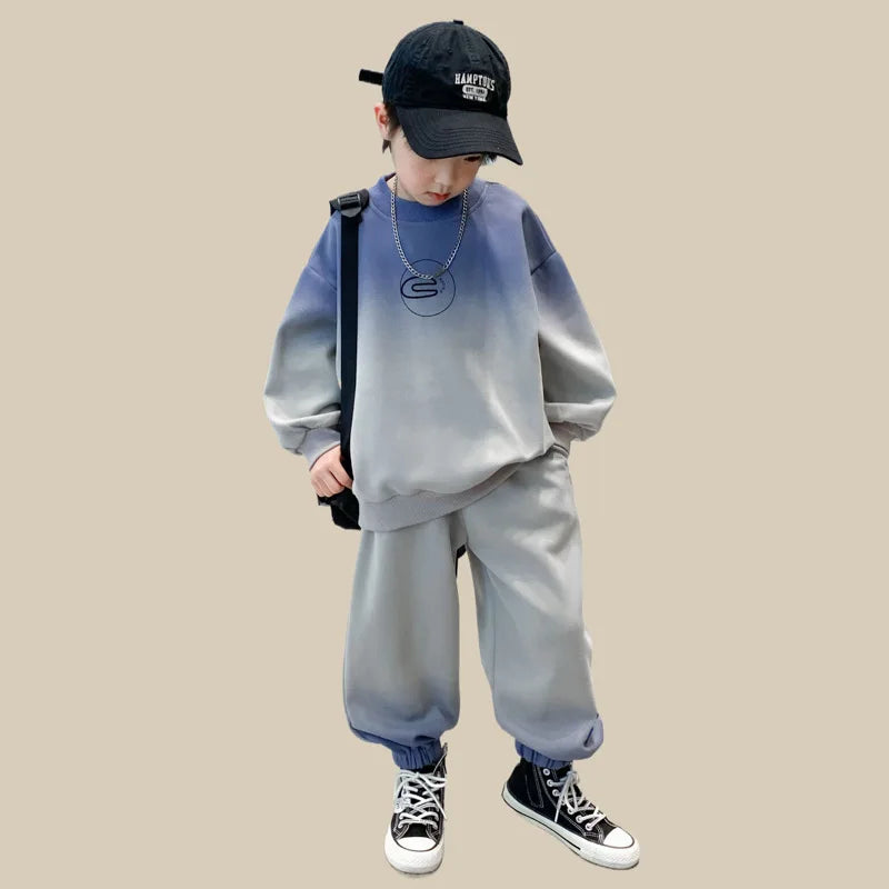 Spring Teen Boys 2-Piece Tracksuit – Gray Tie-Dye Hoodie & Jogger Pants, Sporty Cotton Outfit