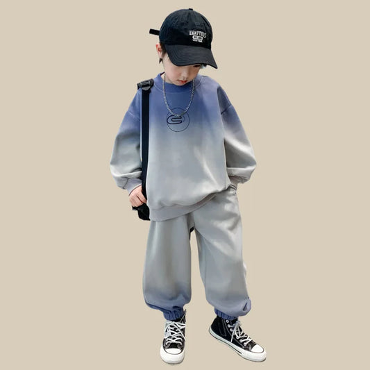 Spring Teen Boys 2-Piece Tracksuit – Gray Tie-Dye Hoodie & Jogger Pants, Sporty Cotton Outfit