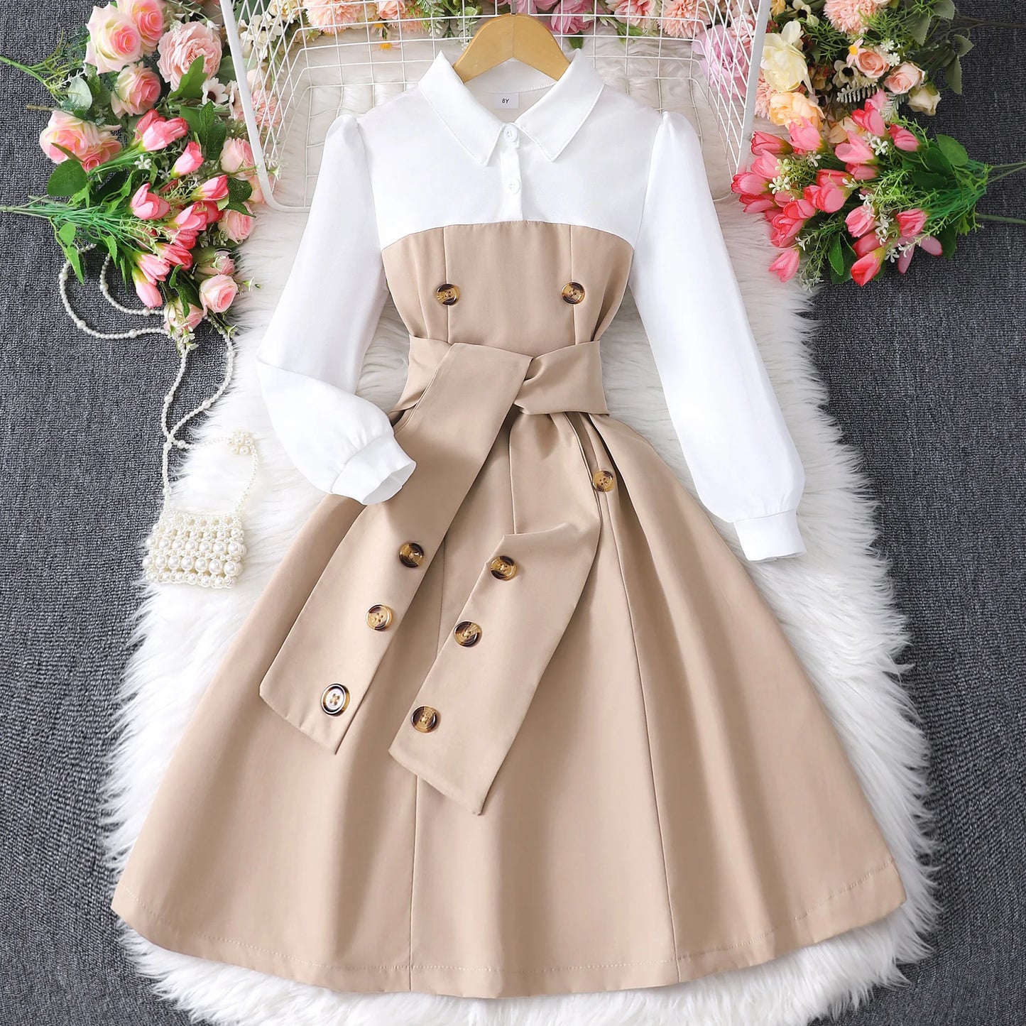 Teen Girls Dress – Long Sleeve Retro Casual Vacation Outfit for Kids (8–12Y)