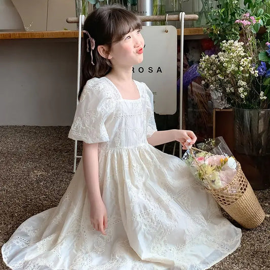 Kids’ White Party Dress – Lace Puff Sleeve Dress for Girls, Wedding & Carnival, Ages 4–10