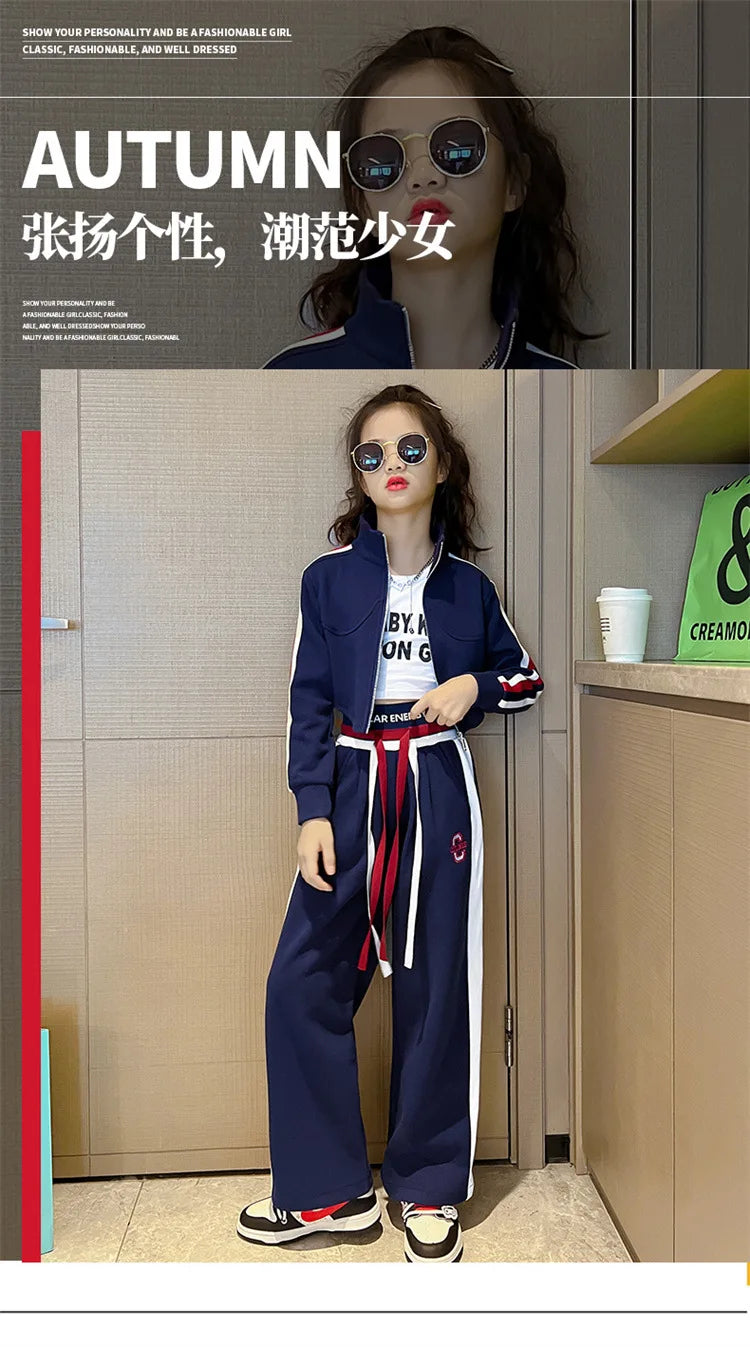 Girls’ Clothing Set – 2-Piece Casual Sportswear, Striped Short Top & Wide-Leg Pants, Elastic Waist, Ages 4–15