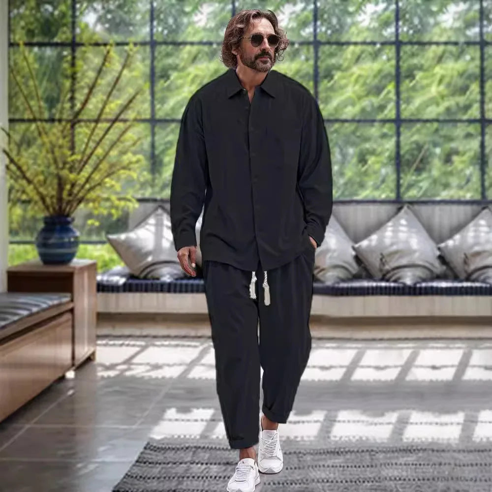 Linen shirt casual loose solid color Shirt and Pants