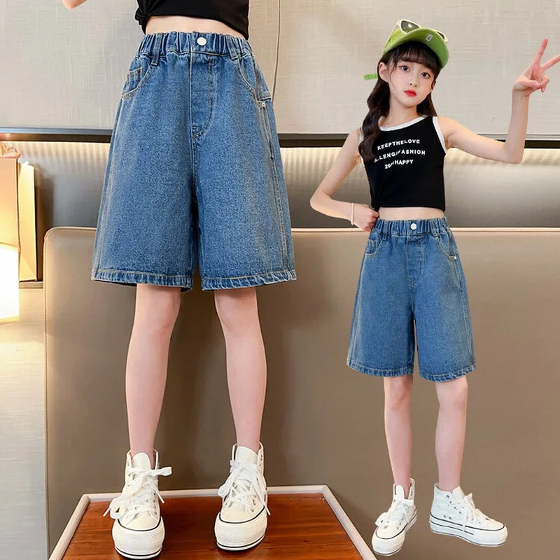 Girls’ Denim Shorts – Summer Casual Solid Jeans Shorts for Kids & Teens